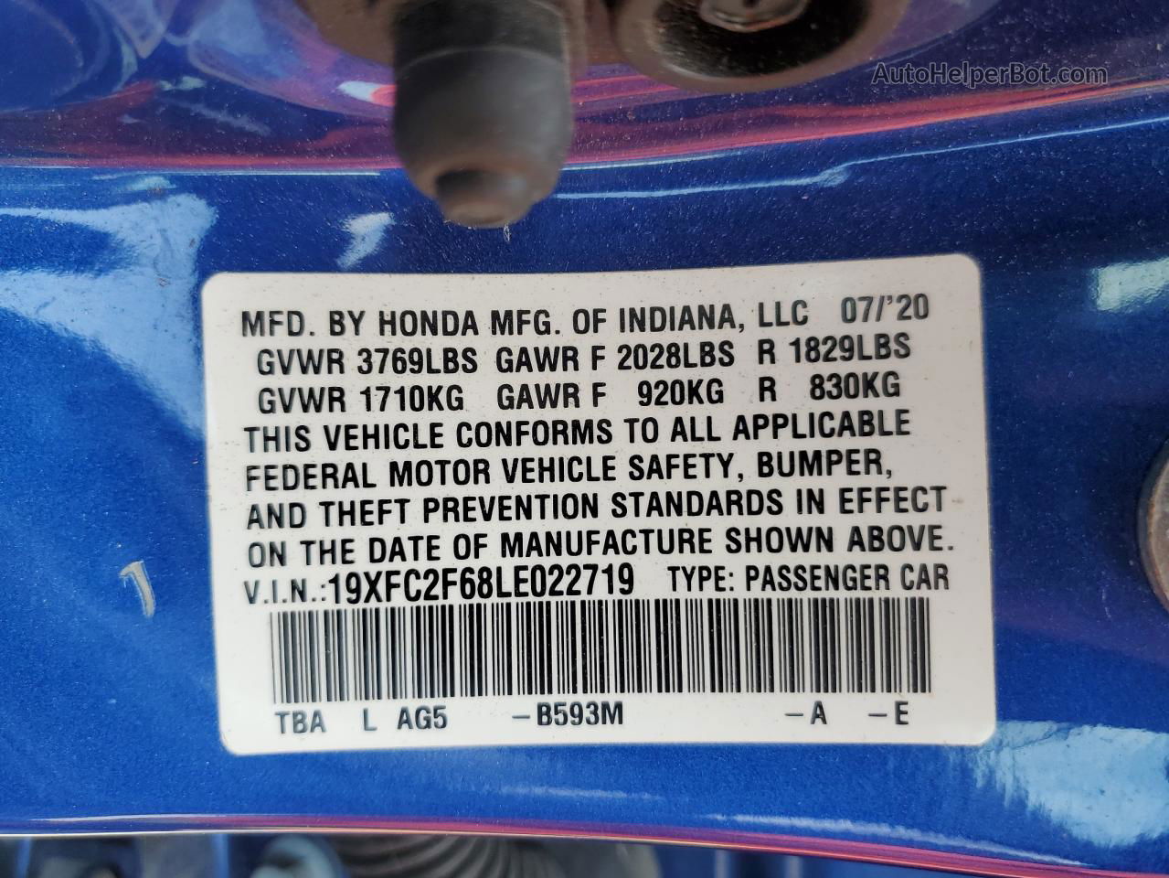 2020 Honda Civic Lx Blue vin: 19XFC2F68LE022719