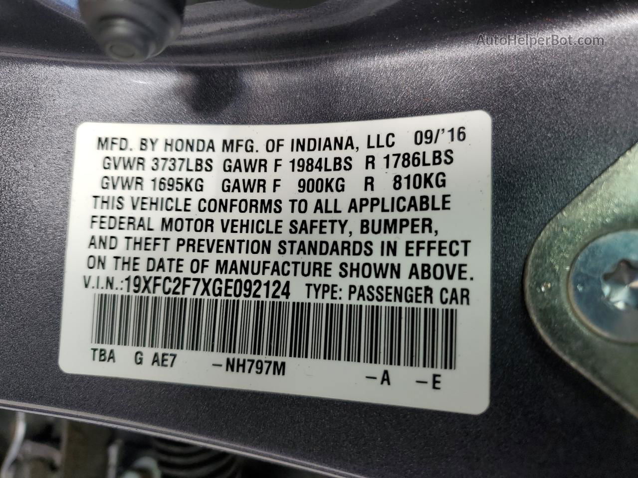 2016 Honda Civic Ex Gray vin: 19XFC2F7XGE092124