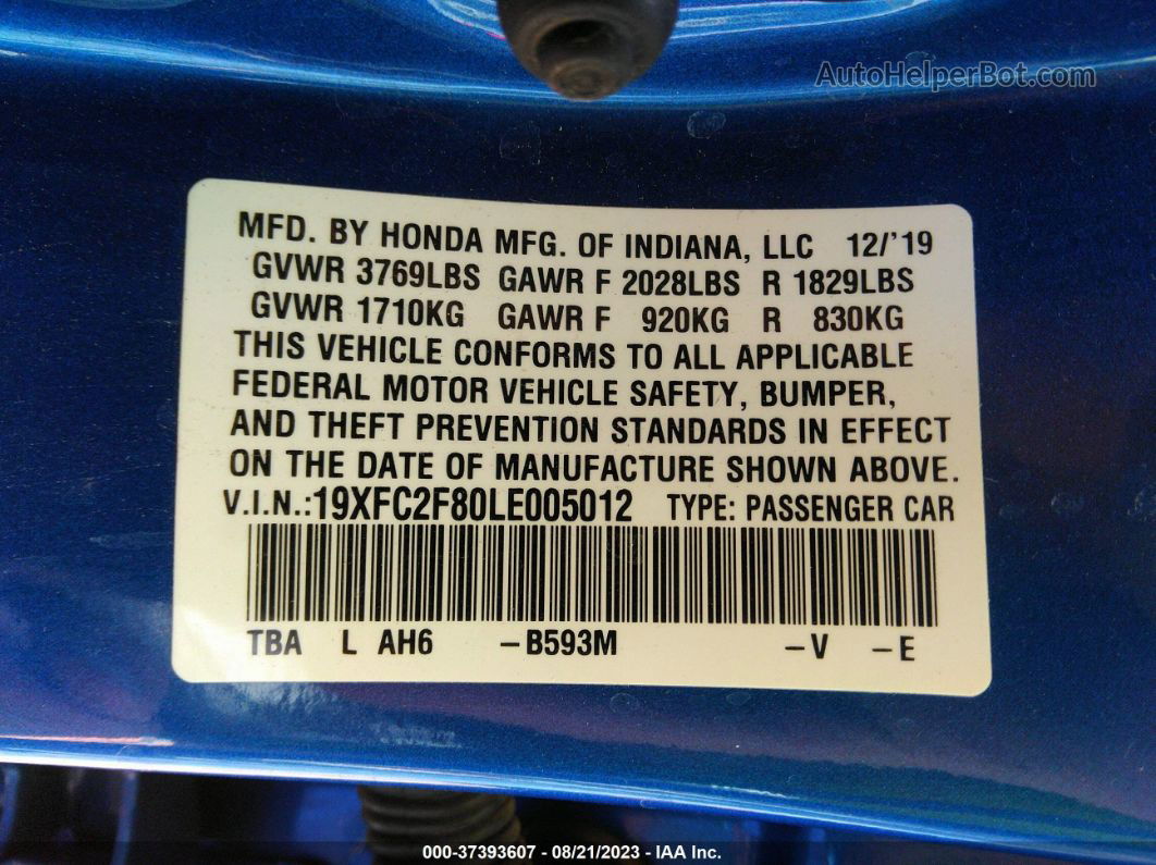 2020 Honda Civic Sport  Blue vin: 19XFC2F80LE005012