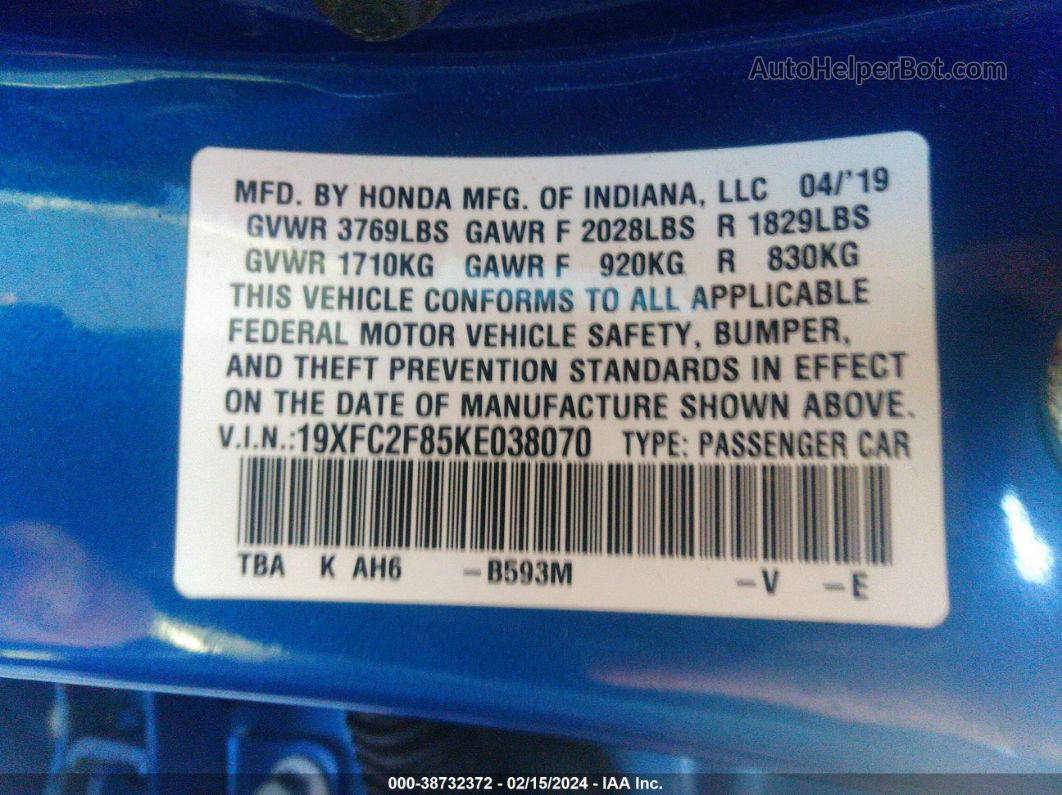 2019 Honda Civic Sport Blue vin: 19XFC2F85KE038070