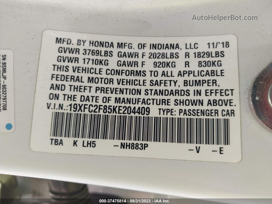 2019 Honda Civic Sedan Sport White vin: 19XFC2F85KE204409