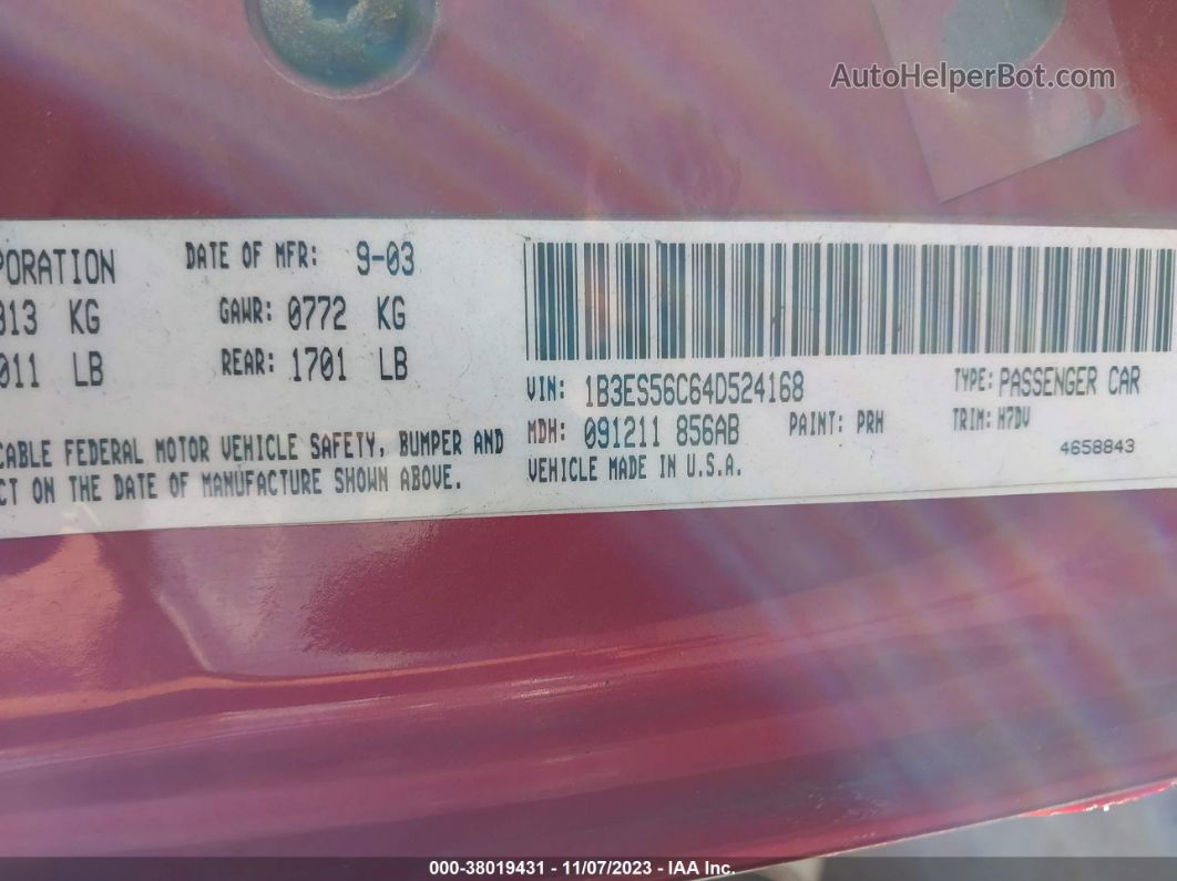 2004 Dodge Neon Sxt Red vin: 1B3ES56C64D524168