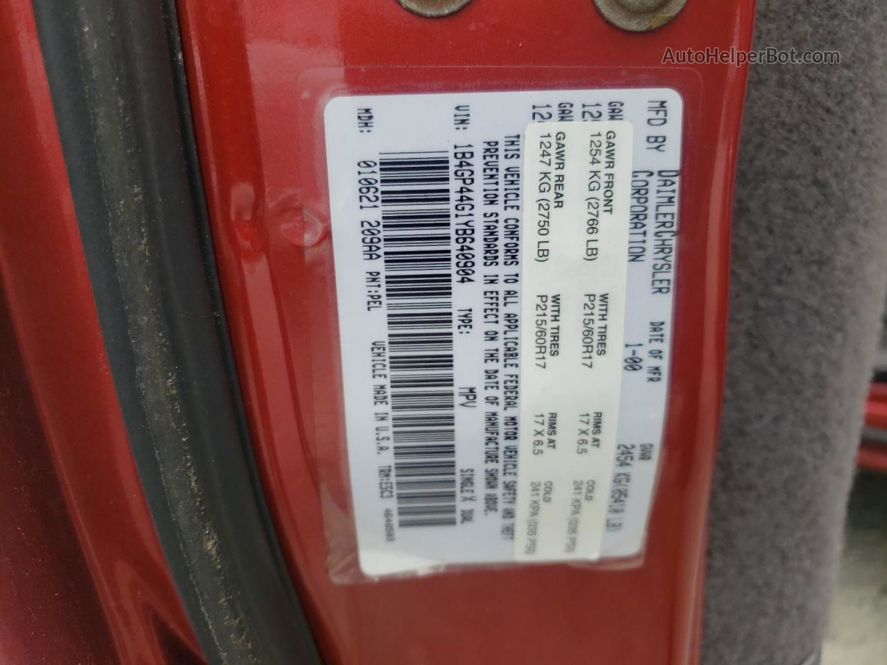 2000 Dodge Grand Caravan Se Red vin: 1B4GP44G1YB640904