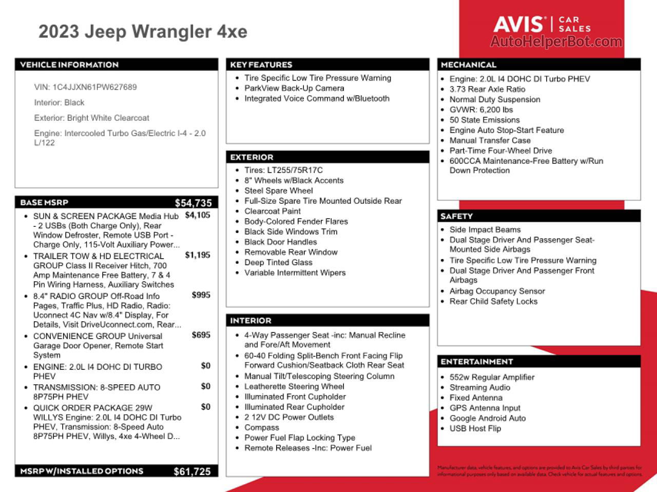 2023 Jeep Wrangler 4xe White vin: 1C4JJXN61PW627689