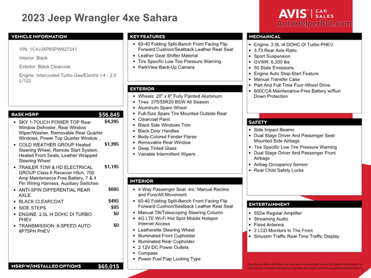 2023 Jeep Wrangler Sahara 4xe Black vin: 1C4JJXP65PW627241