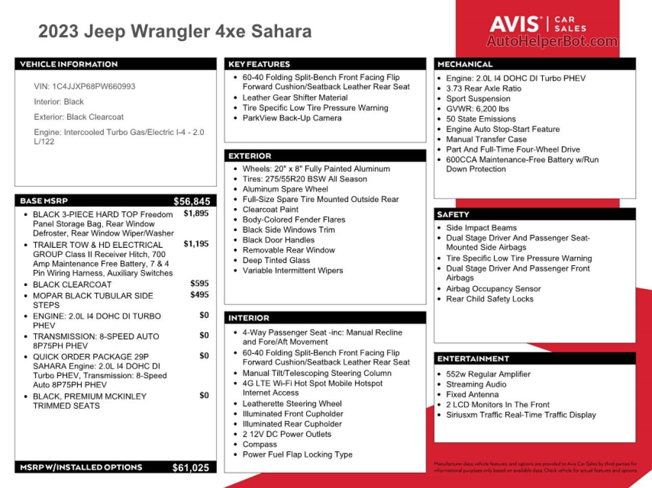 2023 Jeep Wrangler Sahara 4xe Черный vin: 1C4JJXP68PW660993