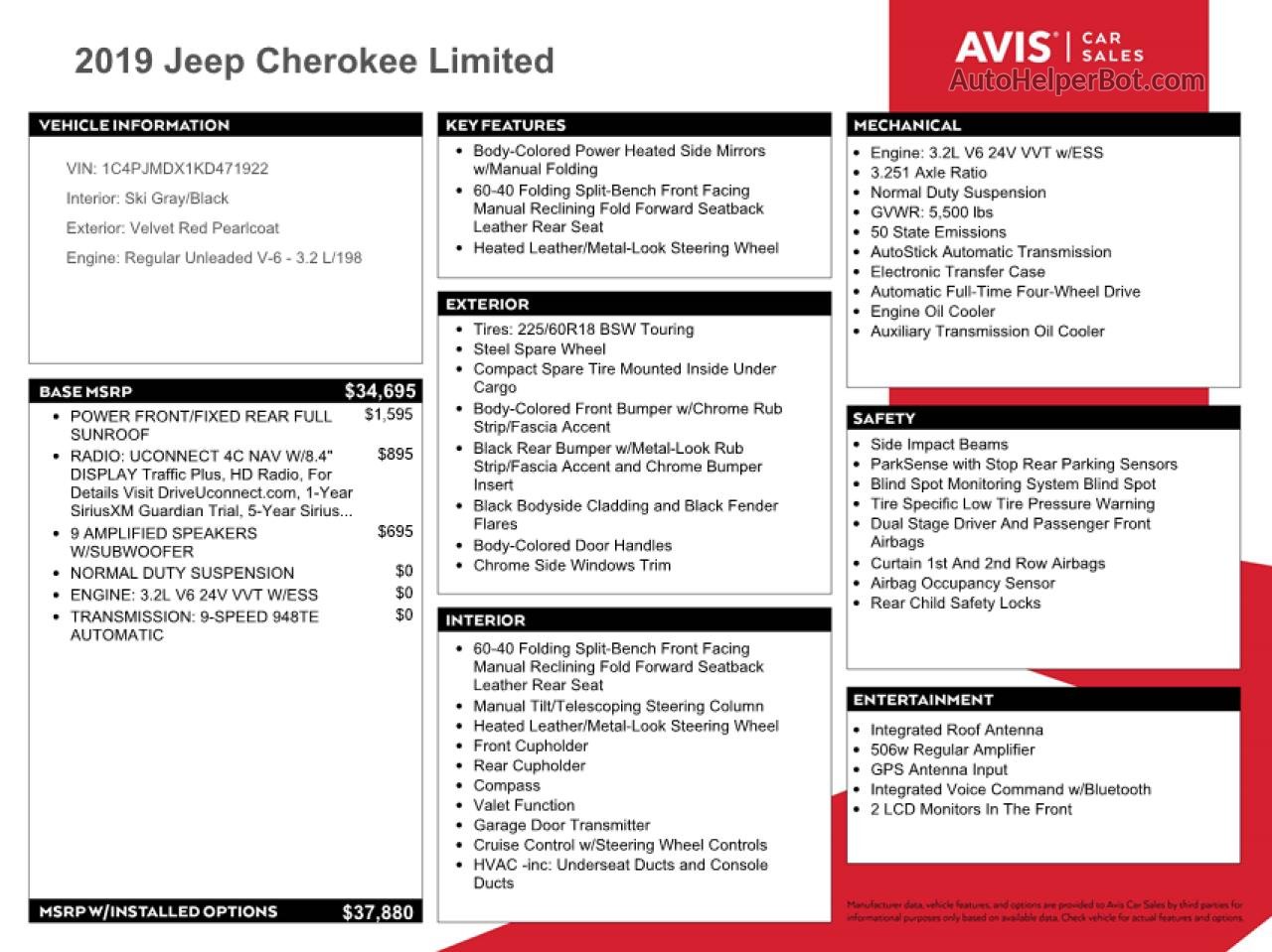 2019 Jeep Cherokee Limited Бордовый vin: 1C4PJMDX1KD471922
