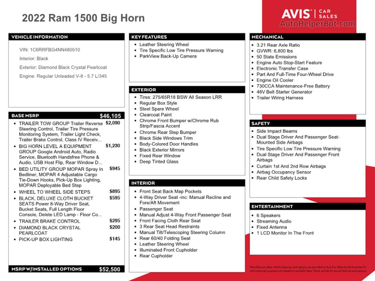 2022 Ram 1500 Big Horn/lone Star Черный vin: 1C6RRFBG4NN480510