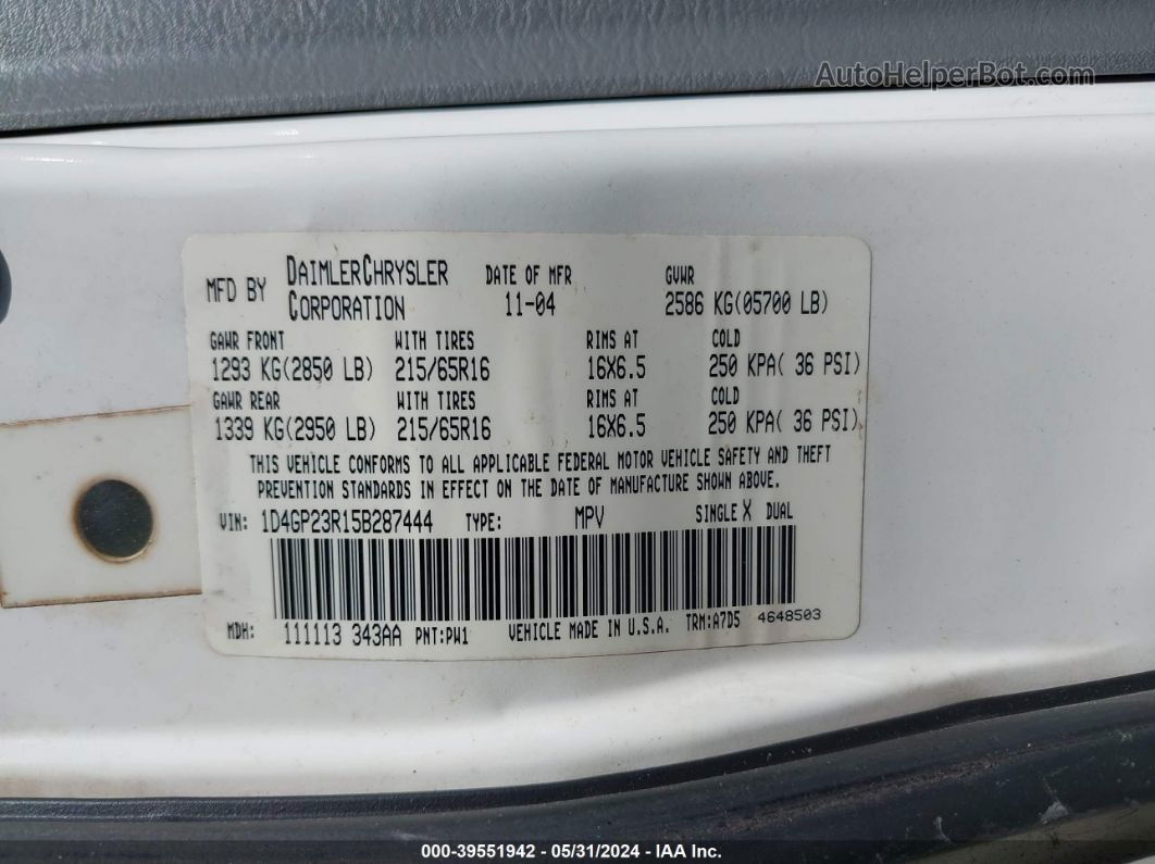 2005 Dodge Grand Caravan Cv White vin: 1D4GP23R15B287444