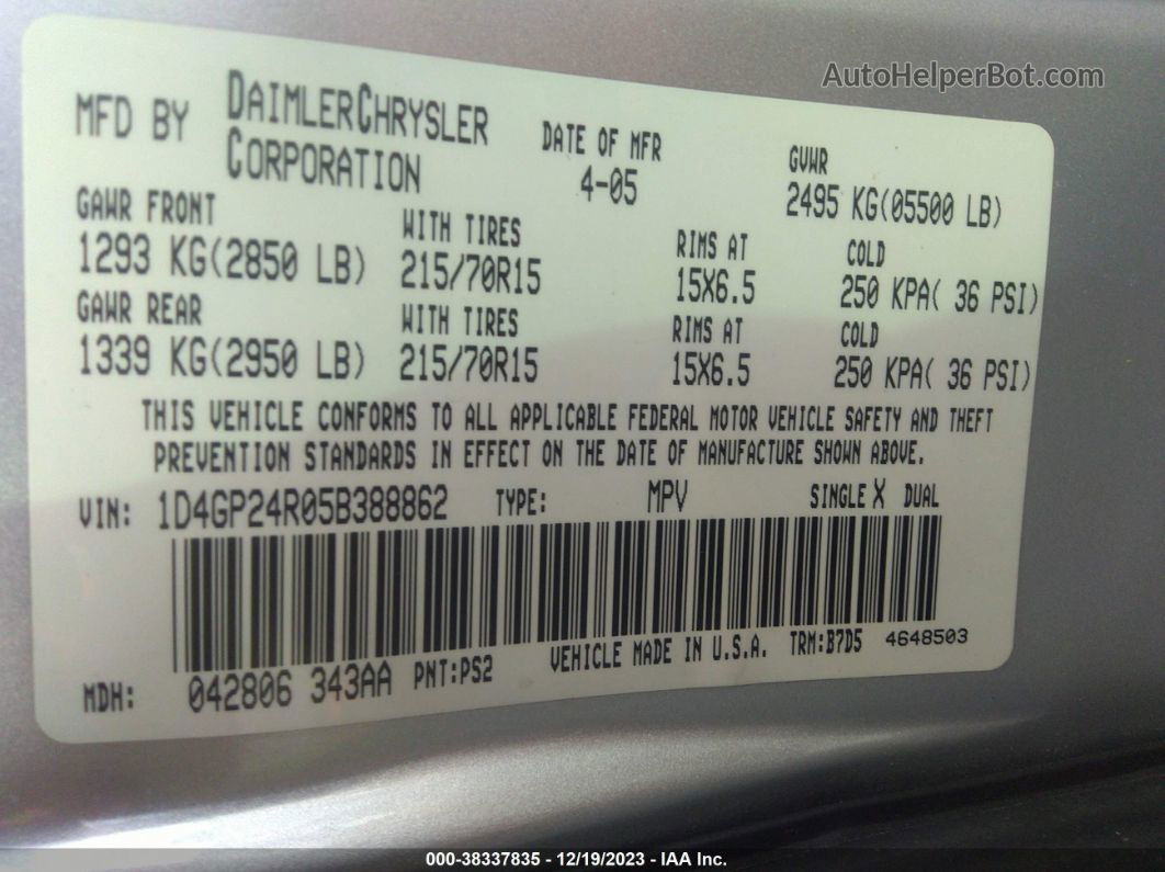 2005 Dodge Grand Caravan Se Silver vin: 1D4GP24R05B388862