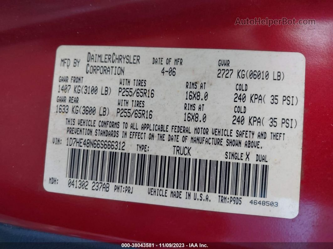 2006 Dodge Dakota Slt Red vin: 1D7HE48N66S666312