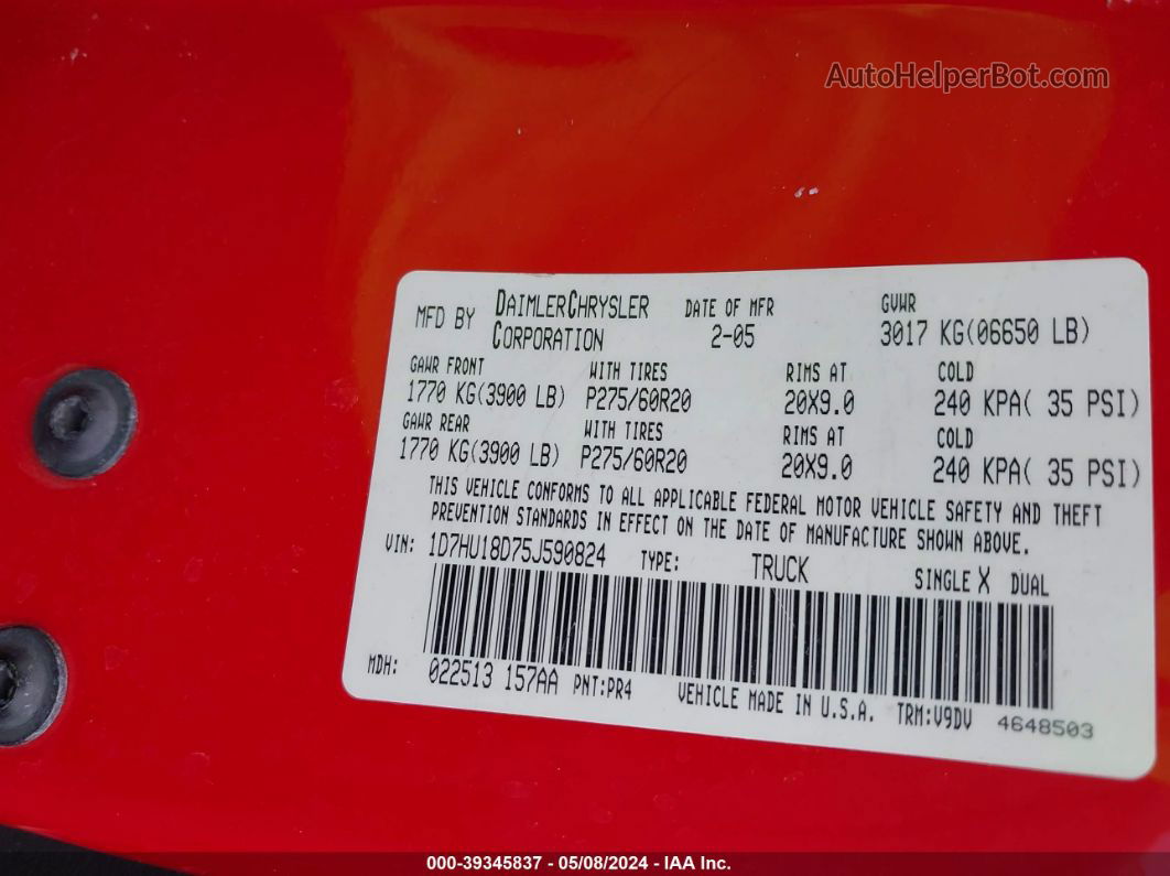 2005 Dodge Ram 1500 Slt/laramie Red vin: 1D7HU18D75J590824