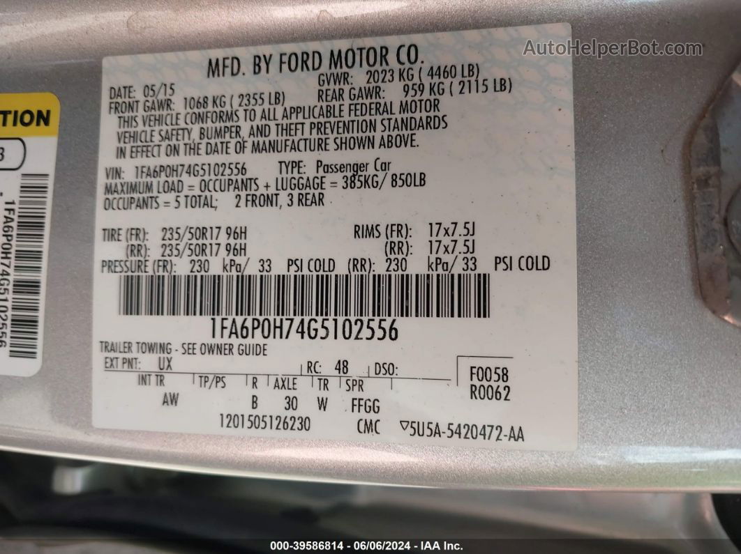 2016 Ford Fusion Se Silver vin: 1FA6P0H74G5102556