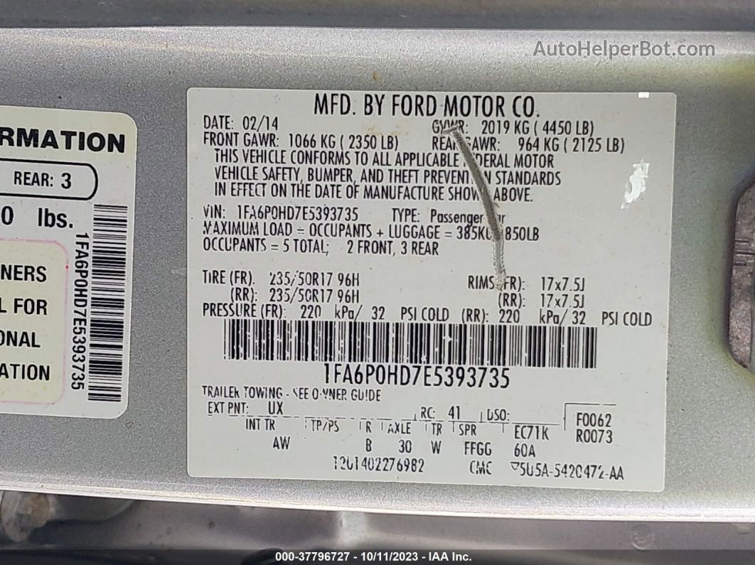 2014 Ford Fusion Se Silver vin: 1FA6P0HD7E5393735