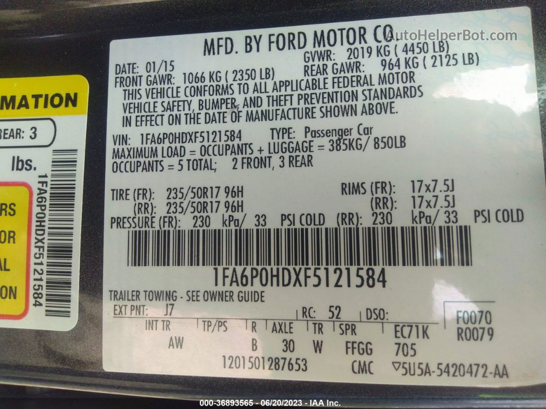 2015 Ford Fusion Se Gray vin: 1FA6P0HDXF5121584