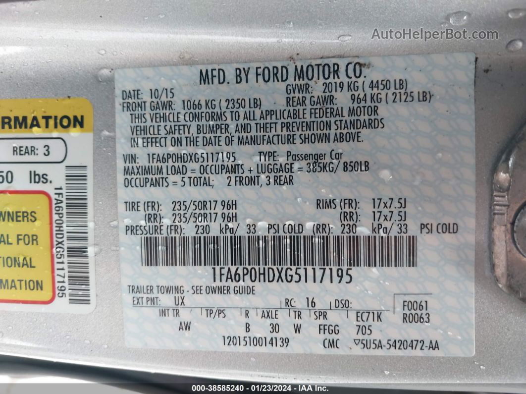 2016 Ford Fusion Se Silver vin: 1FA6P0HDXG5117195