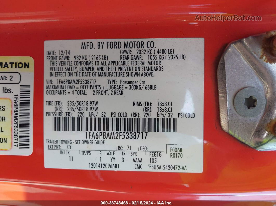 2015 Ford Mustang V6 Orange vin: 1FA6P8AM2F5338717