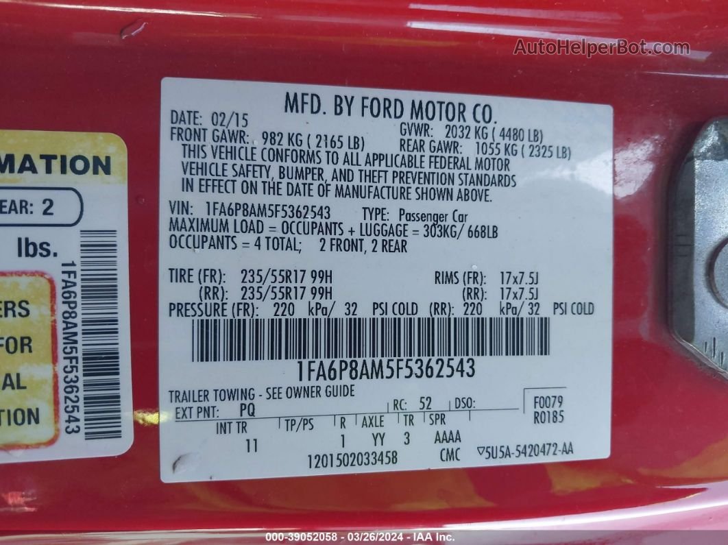 2015 Ford Mustang V6 Красный vin: 1FA6P8AM5F5362543