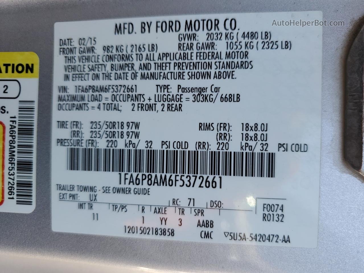 2015 Ford Mustang  Серебряный vin: 1FA6P8AM6F5372661