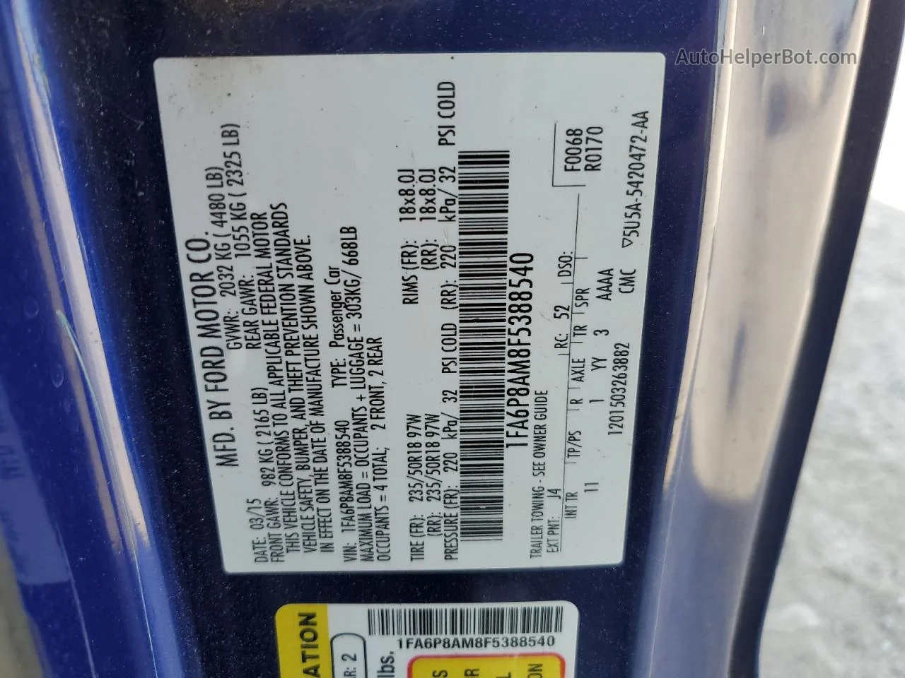 2015 Ford Mustang  Синий vin: 1FA6P8AM8F5388540