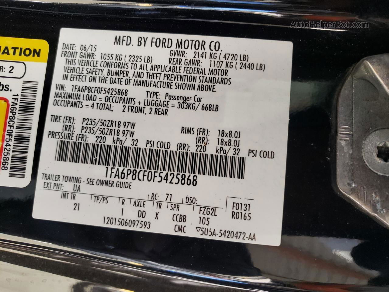 2015 Ford Mustang Gt Black vin: 1FA6P8CF0F5425868