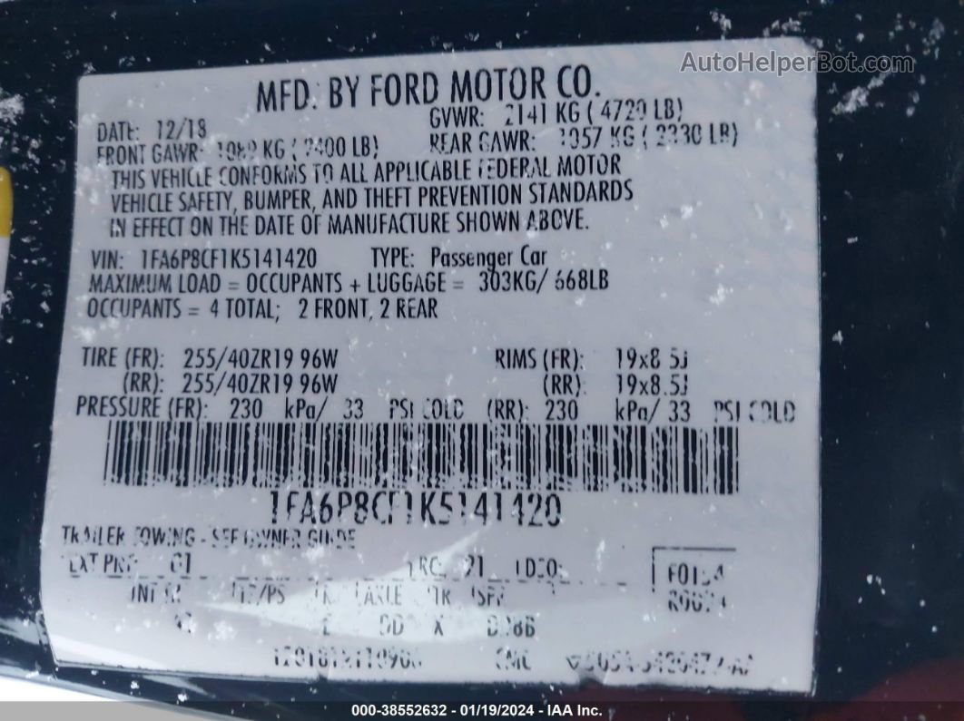 2019 Ford Mustang Gt Premium Black vin: 1FA6P8CF1K5141420