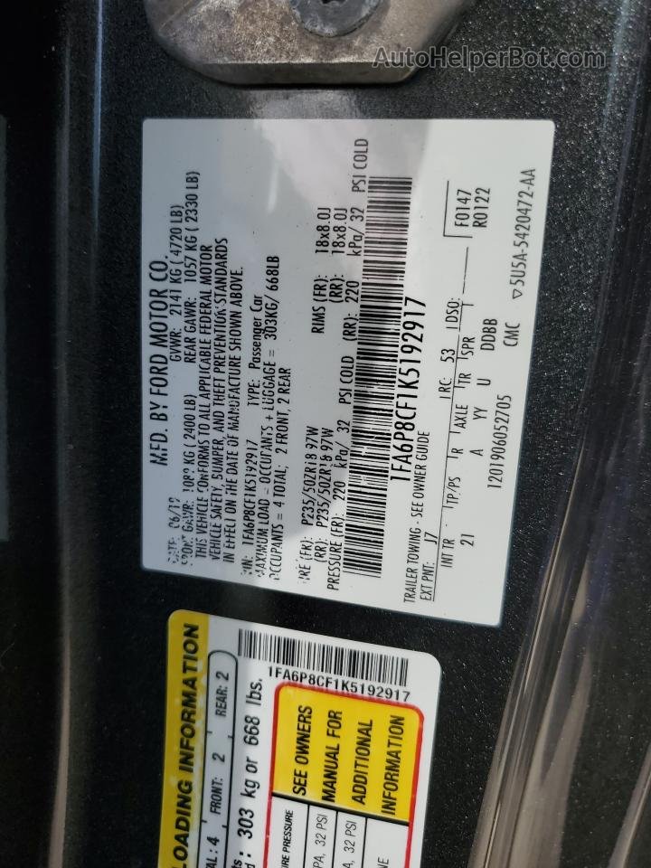 2019 Ford Mustang Gt Серый vin: 1FA6P8CF1K5192917