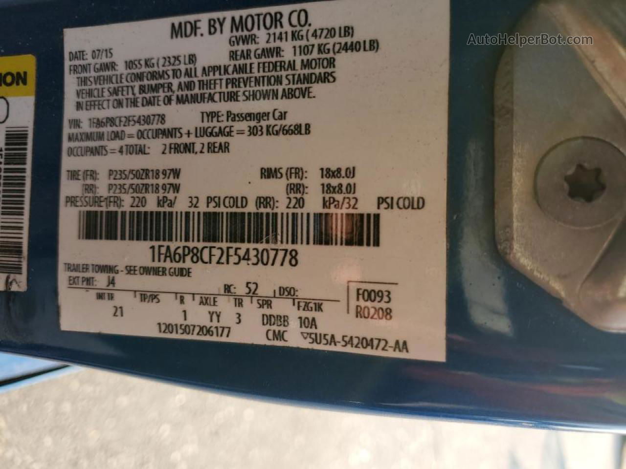 2015 Ford Mustang Gt Синий vin: 1FA6P8CF2F5430778