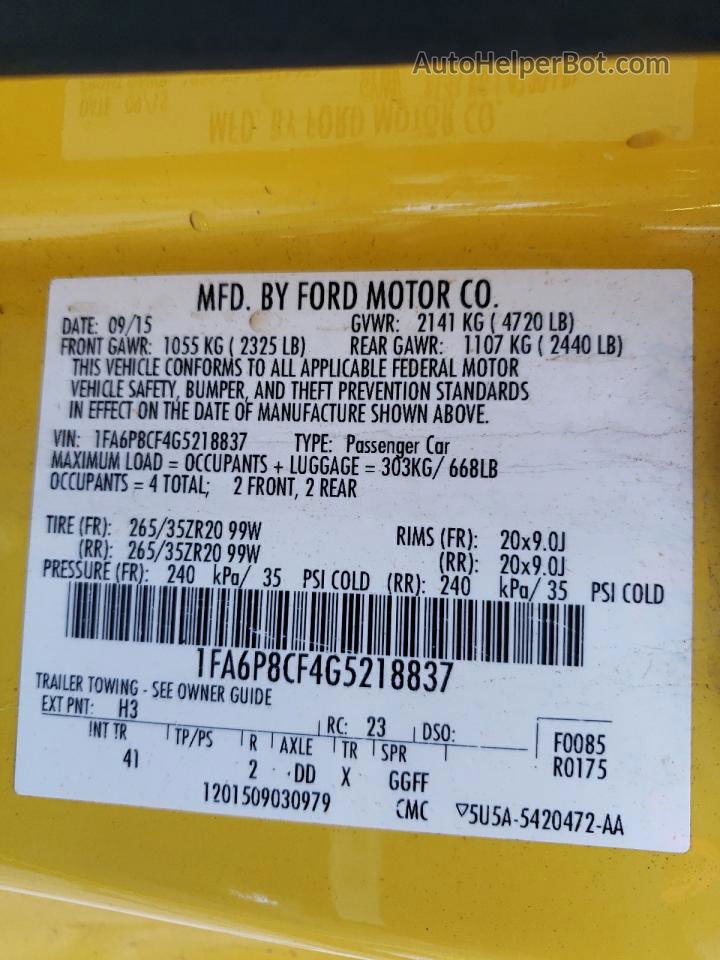 2016 Ford Mustang Gt Yellow vin: 1FA6P8CF4G5218837