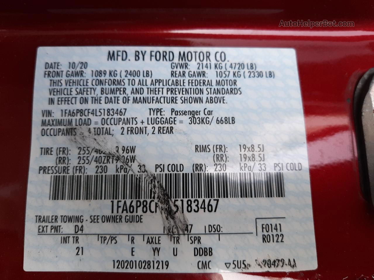 2020 Ford Mustang Gt Красный vin: 1FA6P8CF4L5183467