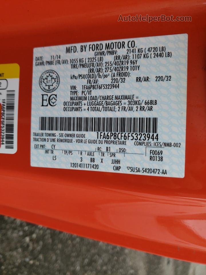 2015 Ford Mustang Gt Orange vin: 1FA6P8CF6F5323944
