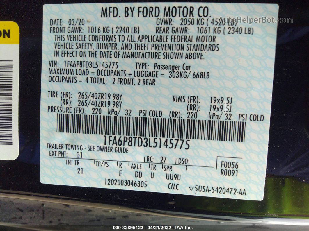 2020 Ford Mustang Ecoboost  Black vin: 1FA6P8TD3L5145775