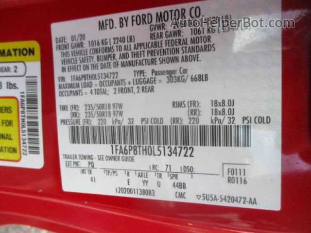 2020 Ford Mustang Ecoboost Красный vin: 1FA6P8TH0L5134722