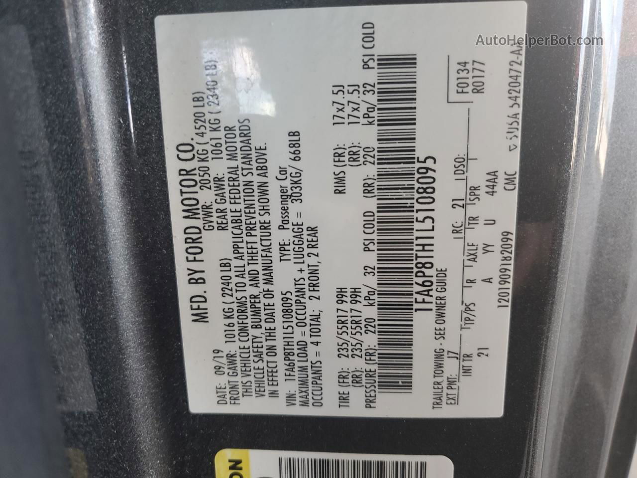 2020 Ford Mustang  Silver vin: 1FA6P8TH1L5108095