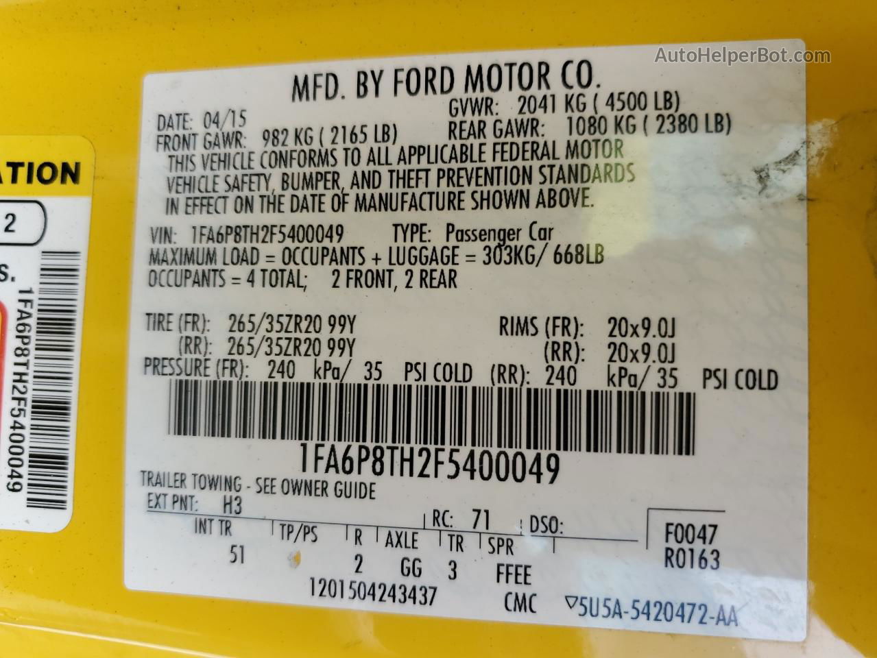 2015 Ford Mustang  Желтый vin: 1FA6P8TH2F5400049