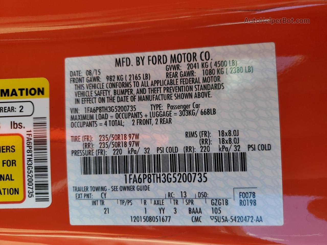 2016 Ford Mustang  Orange vin: 1FA6P8TH3G5200735