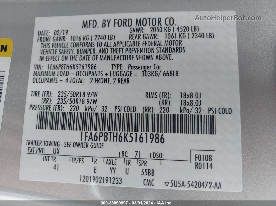 2019 Ford Mustang Ecoboost Premium Серебряный vin: 1FA6P8TH6K5161986