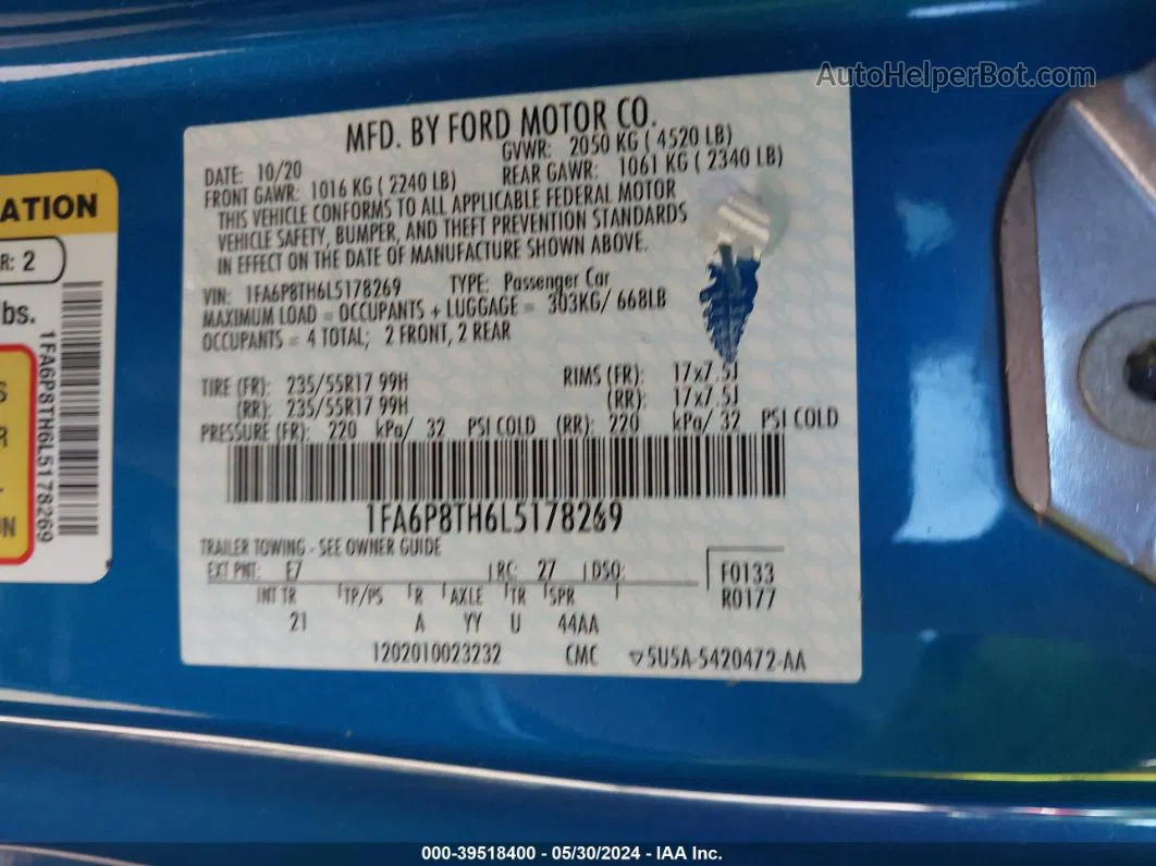 2020 Ford Mustang Ecoboost Fastback Blue vin: 1FA6P8TH6L5178269