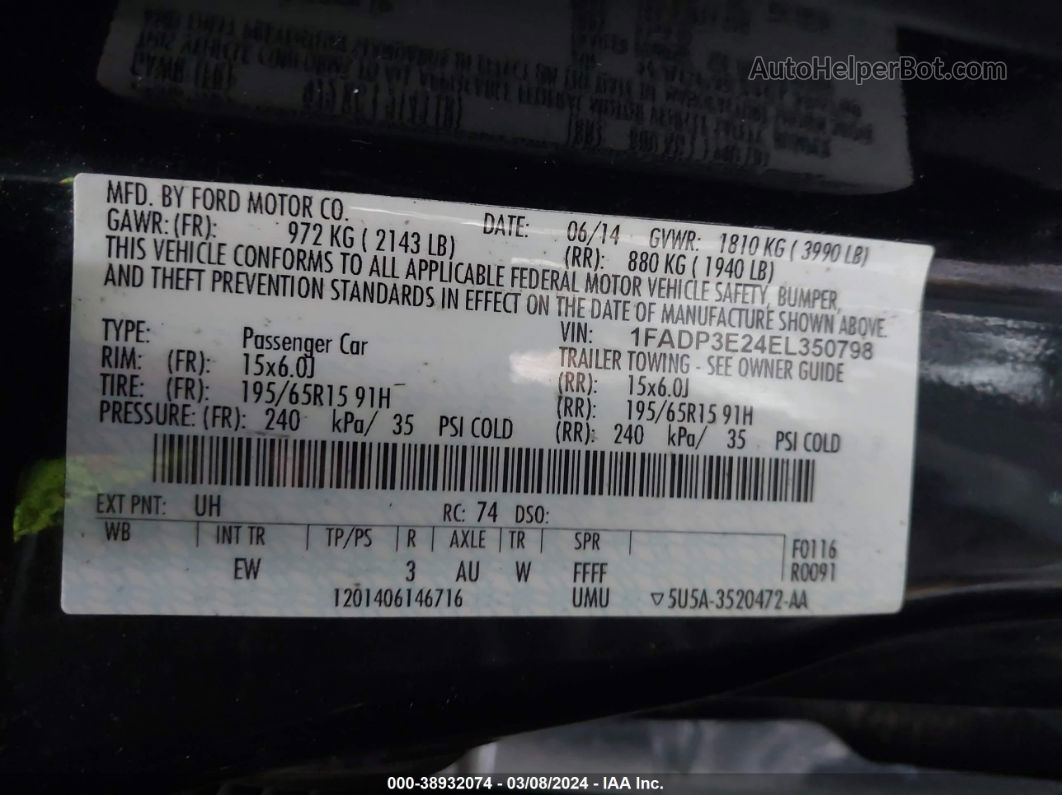 2014 Ford Focus S Черный vin: 1FADP3E24EL350798