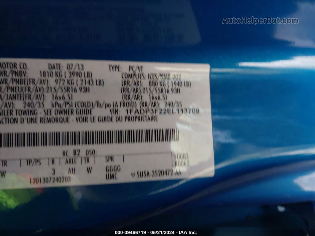2014 Ford Focus Se Blue vin: 1FADP3F22EL113709