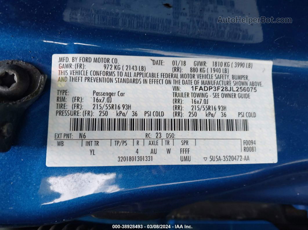 2018 Ford Focus Se Blue vin: 1FADP3F28JL256075