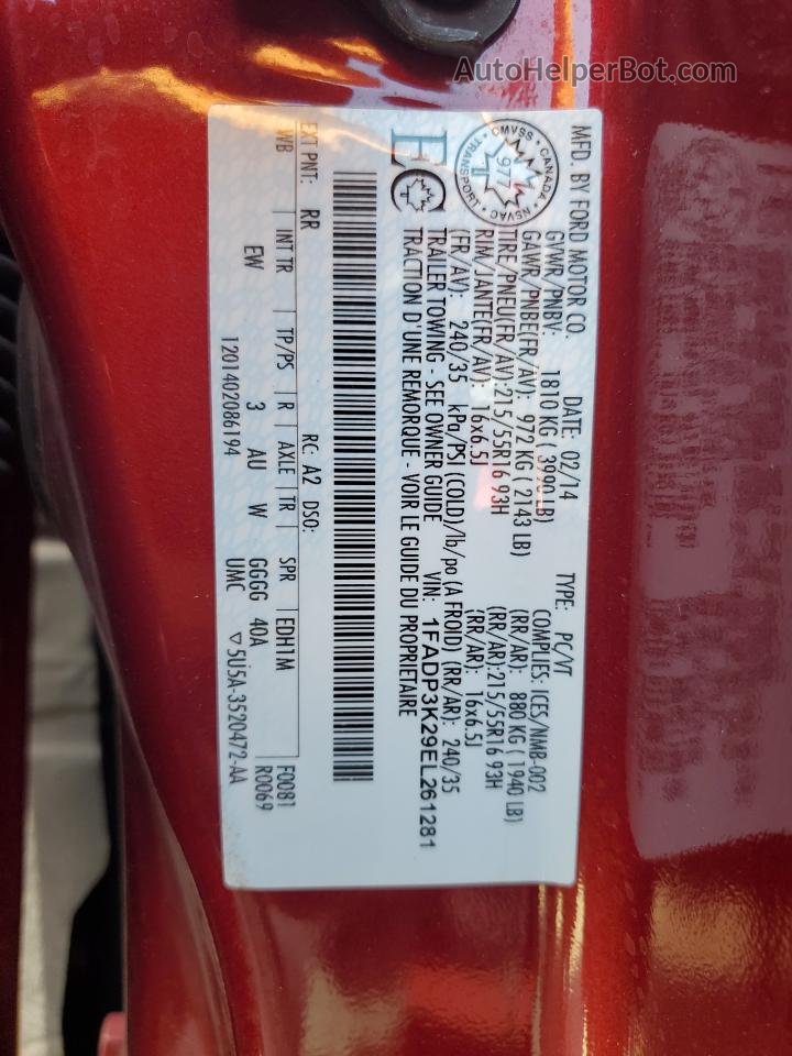2014 Ford Focus Se Red vin: 1FADP3K29EL261281