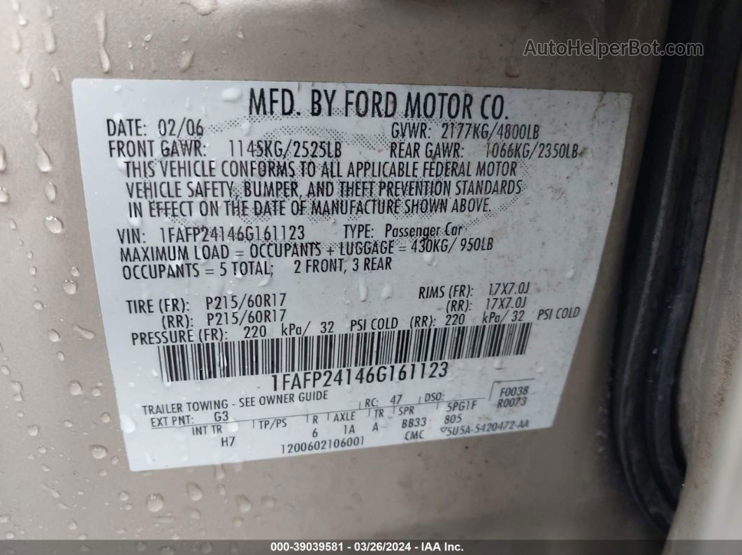 2006 Ford Five Hundred Sel Золотой vin: 1FAFP24146G161123