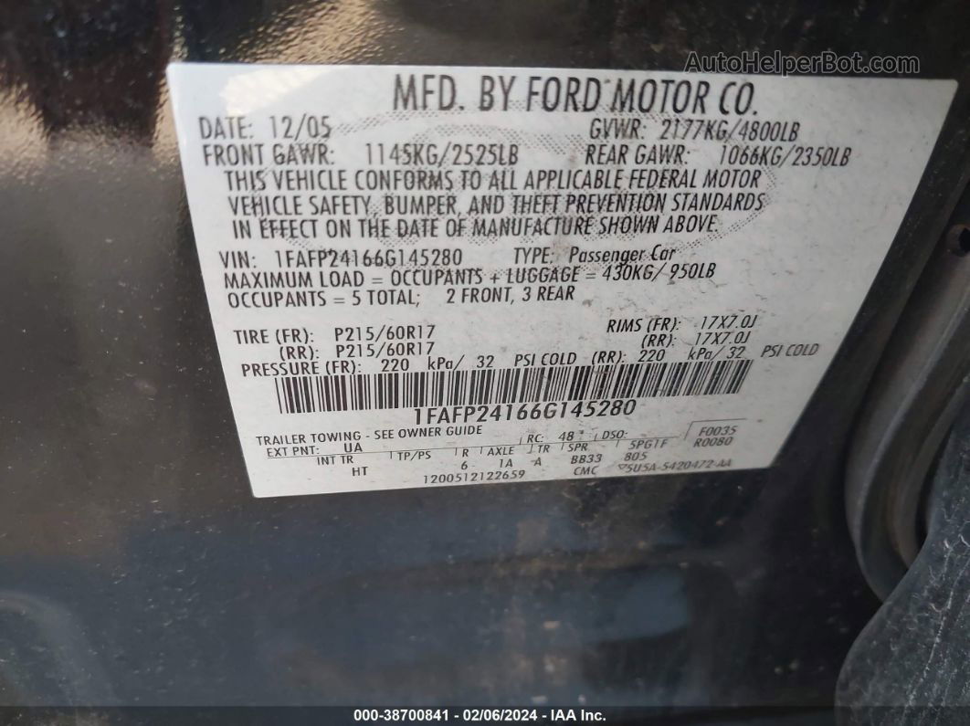 2006 Ford Five Hundred Sel Черный vin: 1FAFP24166G145280