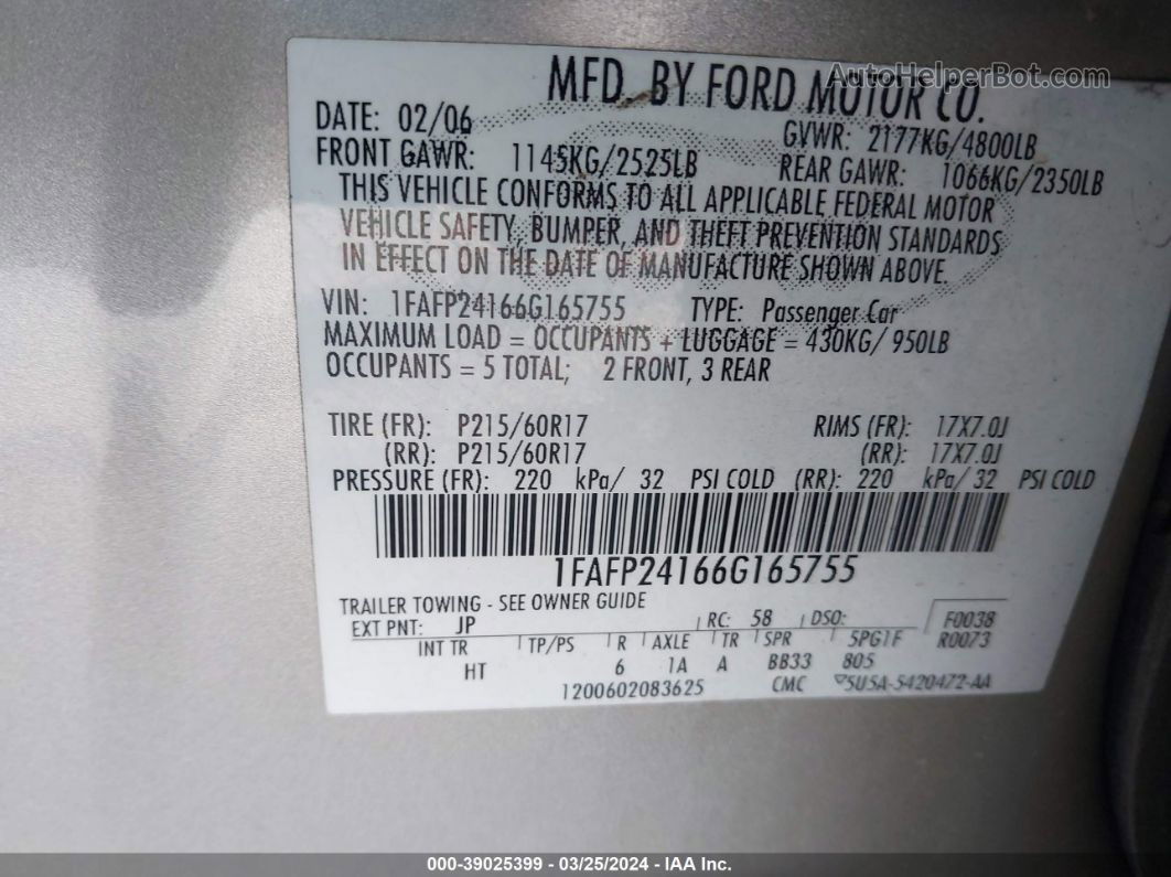 2006 Ford Five Hundred Sel Серебряный vin: 1FAFP24166G165755