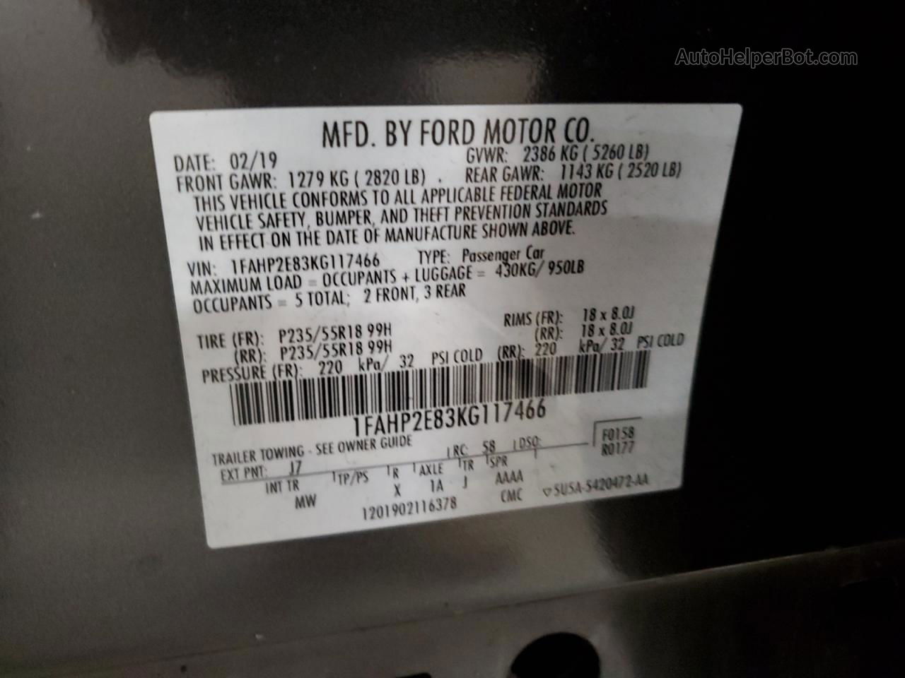 2019 Ford Taurus Sel Gray vin: 1FAHP2E83KG117466