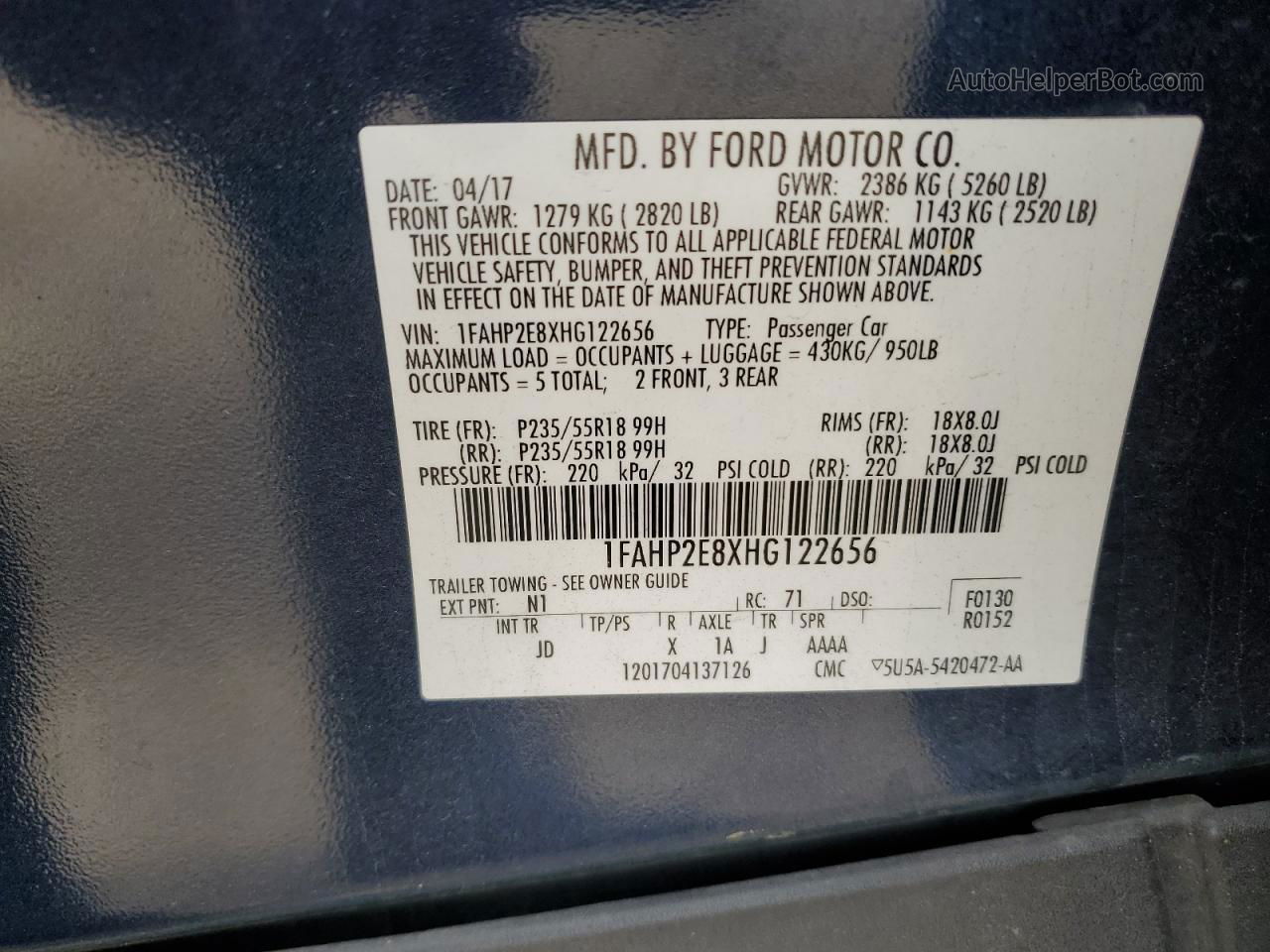 2017 Ford Taurus Sel Синий vin: 1FAHP2E8XHG122656