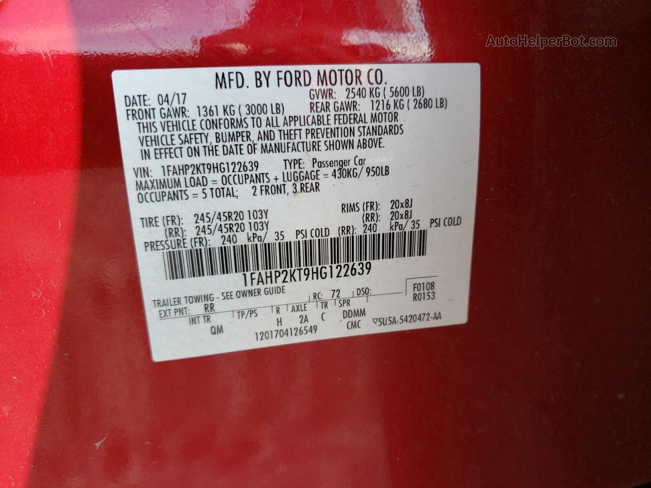 2017 Ford Taurus Sho Red vin: 1FAHP2KT9HG122639