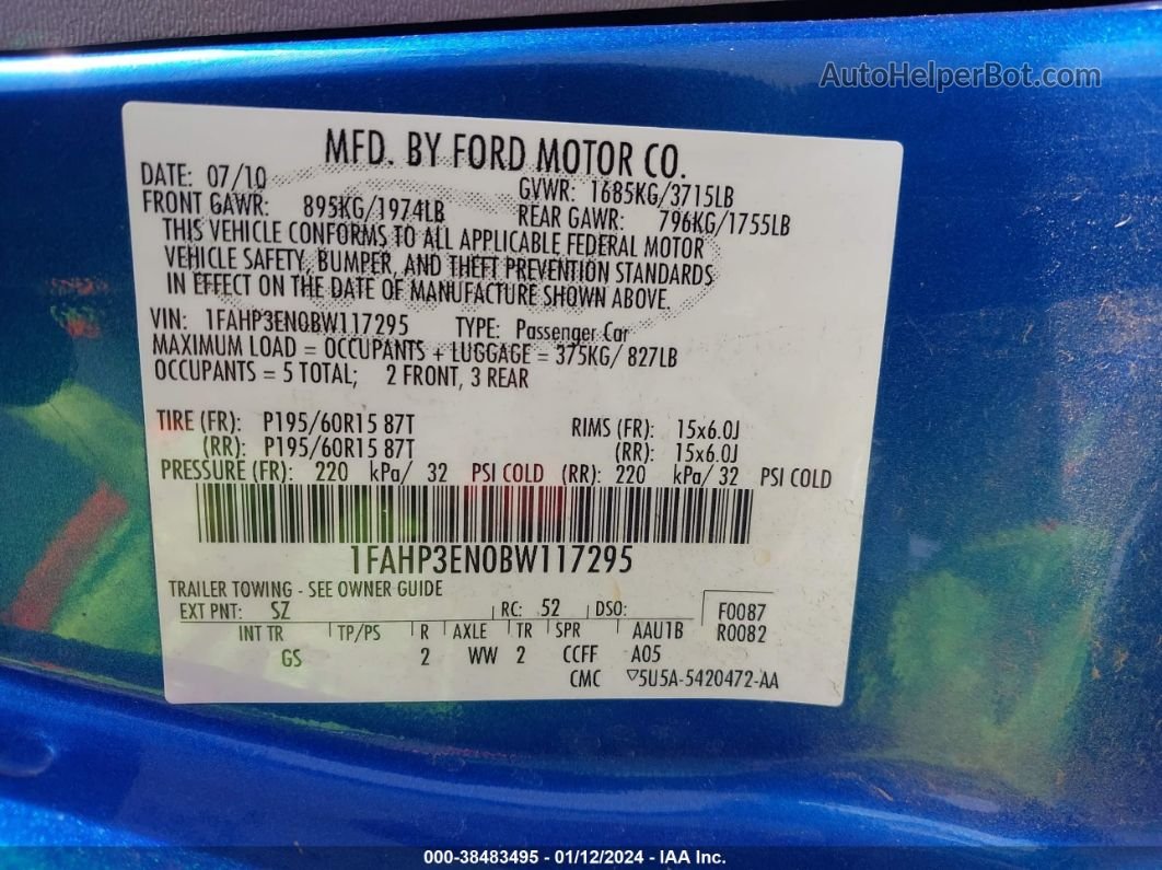 2011 Ford Focus S Синий vin: 1FAHP3EN0BW117295