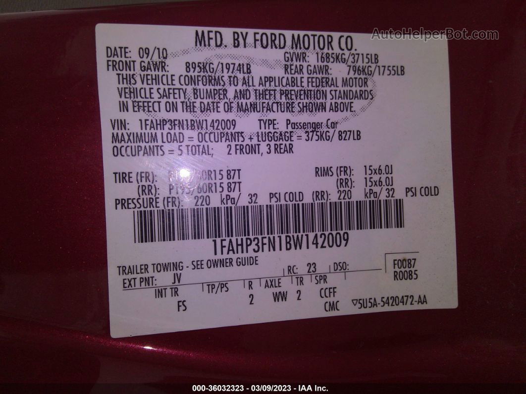 2011 Ford Focus Se Red vin: 1FAHP3FN1BW142009